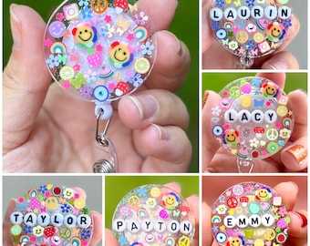 Rainbow Badge Reel | Colorful, fun shapes, smiley face, confetti, peace sign | Badge Reel for Doctor, Nurse, Student, Healthcare worker, etc