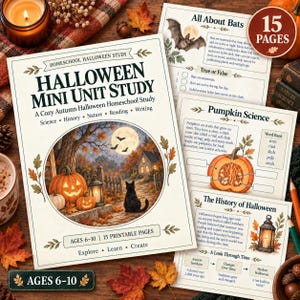 Puede incluir: Un conjunto de fichas educativas "Halloween Mini Unit Study" para edades de 6 a 10 años, con 15 páginas imprimibles. La portada muestra un gato negro, calabazas y una casa bajo la luna llena, con textos como "All About Bats" y "Pumpkin Science".