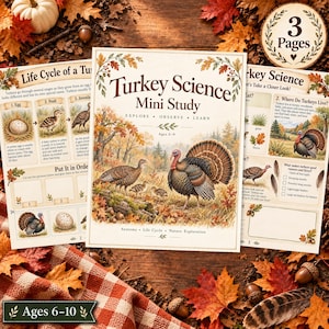 May include: A three-page educational Turkey Science Mini Study set featuring illustrations of turkeys in a forest setting. The pages include text about the life cycle of a turkey, anatomy, and nature exploration, with a circular badge stating 3 Pages.