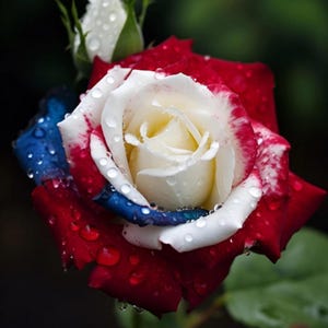 Op de afbeelding: Close-up van een roos met rode, witte en blauwe bloemblaadjes, die op een vlag lijken. De roos heeft waterdruppels op de bloemblaadjes en een witte rozenknop is zichtbaar op de achtergrond. De bloem staat in volle bloei.
