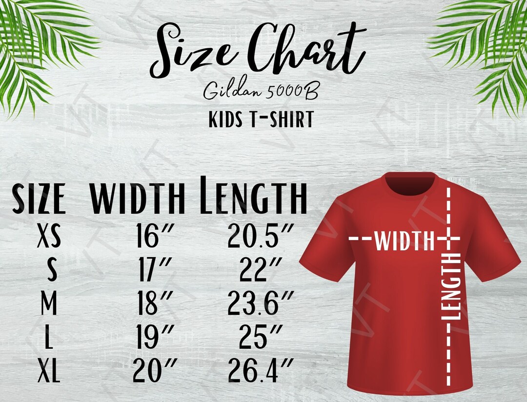 Gildan 5000B Size Chart, Kids T Shirt Size Chart, Youth Tshirt, 5000B Size Table, Mockup T