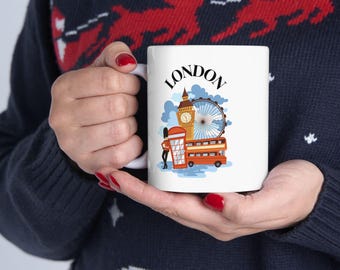 London Ceramic Mug, Vintage City Travel Souvenir Tea Coffee Cup, England British Landmark Gift, UK Traveler Present, England Lover Kitchen