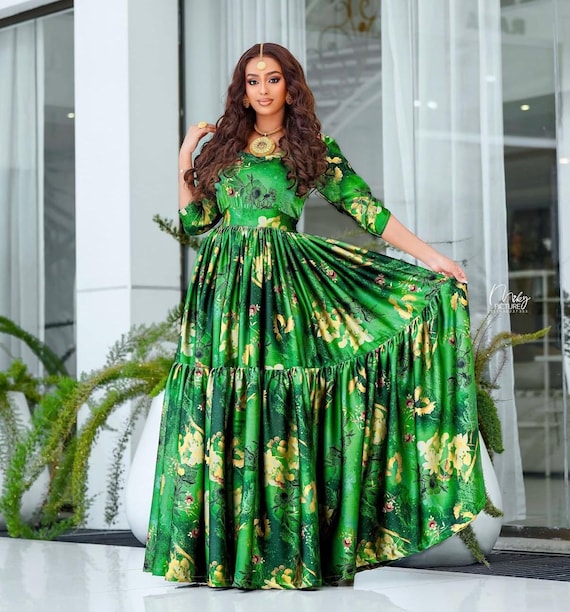 sheen green dress Luxury Chiffon Habesha with Matching Netela Ethiopian and Eritrean Formal Kemis formal high low dress
