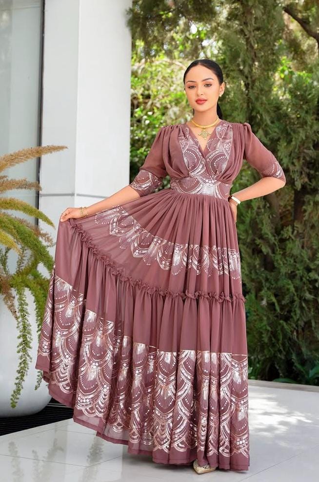 white christmas dresses Hot Pink And Green Habesha Chiffon – ArifTibeb