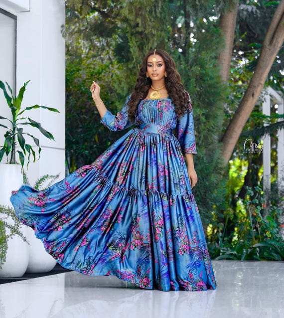 chiffon habesha dress Elegant Sapphire Blue with Matching Netela Ethiopian and Eritrean Formal Kemis Size:S(34/36) Petite Wedding Guest Dresses PD4657ADustyBlue Ethiopian chiffon fabric making it an essential
