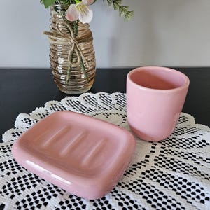 Set of Vintage 1980s Pink Ceramic Soap Dish and Toothbrush Holder Made in Korea