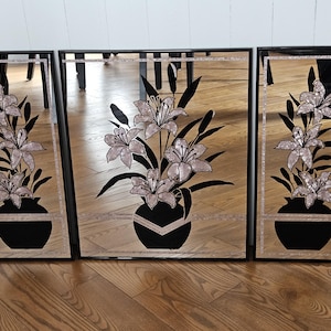 Set of 3 1970s Vintage Art Deco Mirrors Pink & Black Vase of Flowers Wall Hanging Retro Kitsch Home Decor