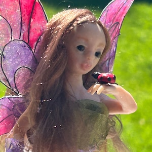 Puede incluir: Una figura de hada hecha a mano con alas rosas y moradas, cabello largo castaño y un vestido verde. Una mariquita roja descansa sobre la mano del hada. El hada está sobre un fondo verde borroso.