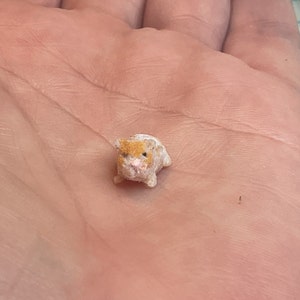 May include: A miniature guinea pig figurine, intricately crafted. The tiny sculpture features a detailed design with white, orange, and brown hues. The figurine is small enough to rest on a fingertip, demonstrating its delicate craftsmanship.