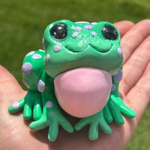 Handmade clay frog toad art green blend and purple dots and a pink throat frog / toad