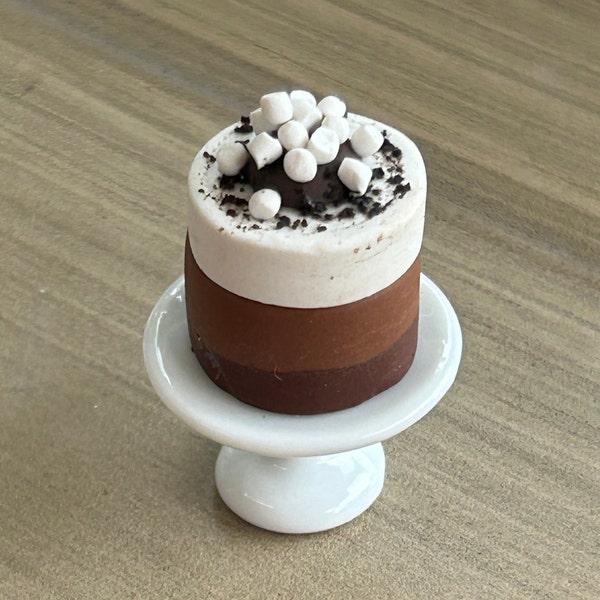 Miniature hot chocolate 3 layer cake with stand for display dollhouse collection 12th scale