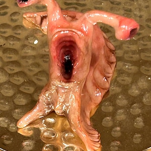 Könnte beinhalten: Eine rosafarbene und weiße, fleischige, außerirdisch aussehende Kreatur mit zwei langen, dünnen Tentakeln und einem großen, offenen Maul. Die Kreatur hat zwei große, schwarze Augen mit violetten Pupillen. Die Kreatur steht auf einer goldenen Oberfläche.