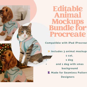 May include: An image featuring a cat and two dogs wearing matching pet apparel. The apparel has a pastel color scheme with a swirling design. Text on the image reads "Editable Animal Mockups Bundle for Procreate".