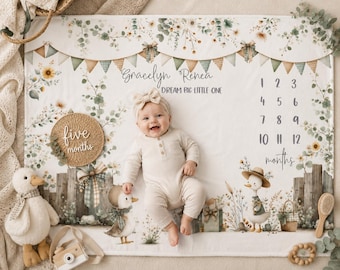 Goose Milestone Blanket Personalized | Baby Month Bow Blanket with Name | Goose Baby Nursery Monthly Milestone Photo Blanket Custom Newborn