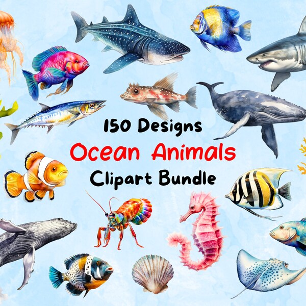 150 Ozean Tiere Clipart Bundle, Aquarell Meerestiere svg, Ozean Kinderzimmer Clip Art, Ozean PNG, Wal, Delfin, Fisch, Hai, Ozean, Koralle