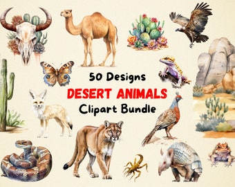 50 Desert Animals Clipart Bundle, Watercolor Desert Clip Art, Watercolor Cactus Camel Lizard Bird Cat Butterfly, Educational Nursery Animals