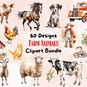 60 Farm Animals Clipart Bundle, Watercolor Horse, Cow, Pig, Sheep, Dog, Cat, Chicken, Barn, Farm svg Files, Farm Decor, Country Decor PNGs