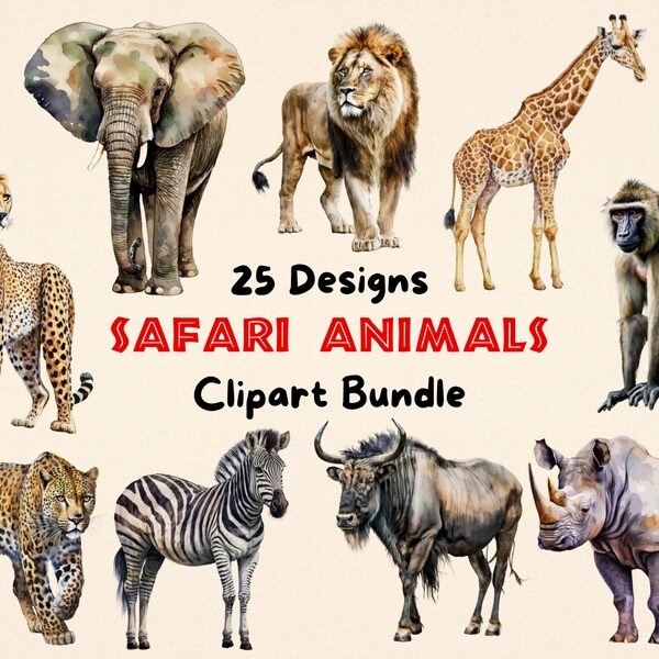 25 African Safari Animals Clipart Bundle Watercolor Wild Animals Logo Design Savannah Wildlife Hand Drawn Elephant Lion Giraffe Zebra PNG