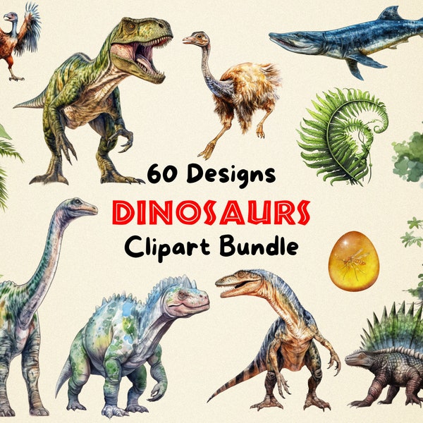 60 Dinosaurs and Prehistoric Vegetation Clipart Bundle, Dinosaur svg, Dino PNG Files, Volcano Clipart, Dinosaur Clipart, Boys Birthday Dinos