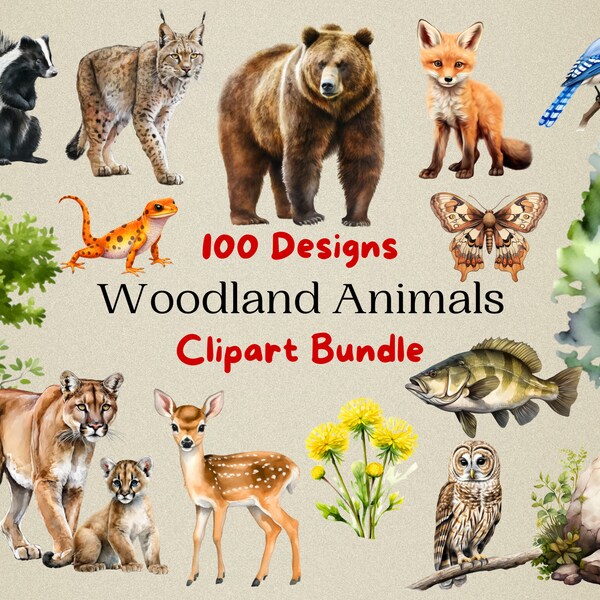 100 Woodland Animals Clipart Bundle, Watercolor Forest Clipart, Watercolor Bear Deer Wolf Fox Squirrel Bunny Cougar Baby Nursery Animals PNG