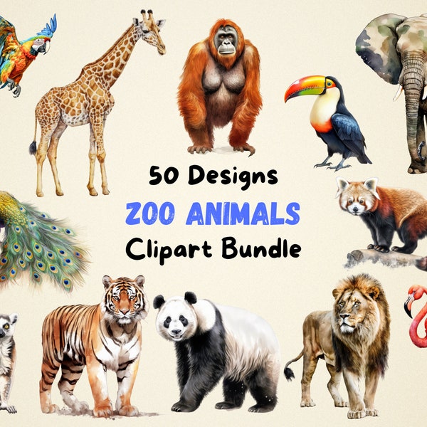 50 Zoo Animals Clipart Bundle, Watercolor Animal Clip Art, Elephant, Lion, Tiger, Panda, Giraffe, Monkey, Birds, Animal Digital Download