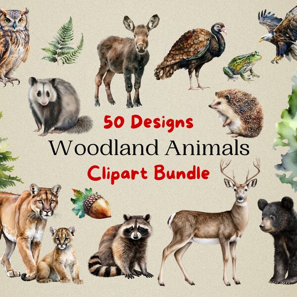 50 Woodland Animals Clipart Bundle, Watercolor Woodlands Clipart, Watercolor Bear Deer Moose Fox Squirrel Bunny Wolf Cougar, Nursery Animals