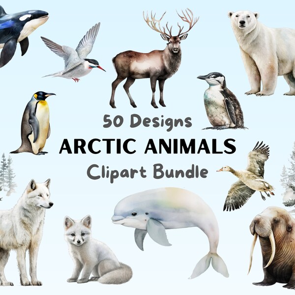 42 Arctic Animals Clipart Bundle, Watercolor Artic Snow Clip Art, Polar Bear, Penguin, Beluga, Wolf, Walrus, Whales, Collage Making PNG svg