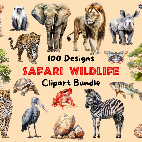 100 Afrikanische Safari Tiere Clipart Bundle Aquarell Wildtiere Logo Design Savannah Wildlife Handgezeichnete Elefant Löwe Giraffe Zebra PNG