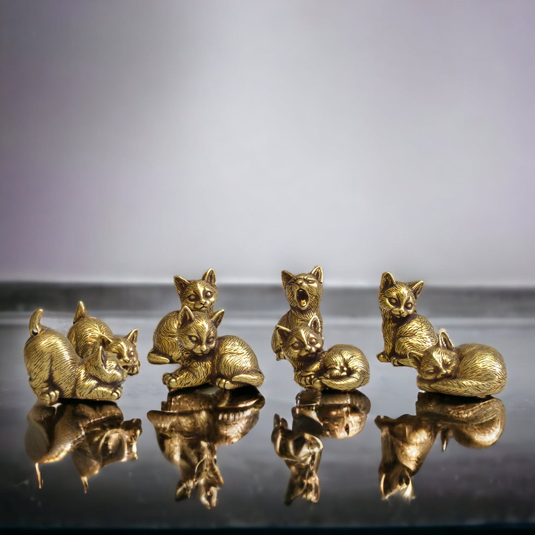 Set of Brass Cat Figurines Small Brass Animals Solid Brass Etsy