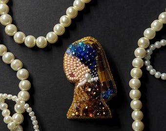 handgefertigte Brosche aus Perlen Jan Vermeer Mädchen mit dem Perlenohrring
