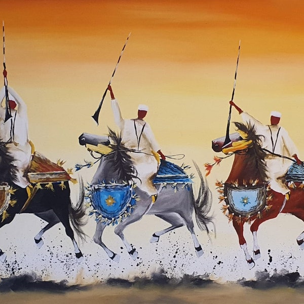 Peinture sur Toile, Œuvre d’art représentant la Fantasia Marocaine Traditionnelle, Spéctacle  équestre marocain, Tbourida Marocaine