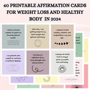 Tarjetas imprimibles de afirmación/manifestación/motivación para bajar de peso, cuerpo sano, bienestar mental/emocional y resoluciones de año nuevo
