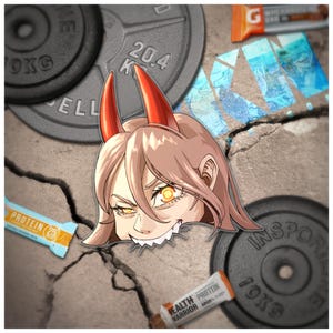 May include: An anime-style illustration of a character with red horns and yellow eyes, emerging from a cracked surface. The image includes weight plates, protein bars, and the text "PROTEIN 25" and "HEALTH WARRIOR PROTEIN".