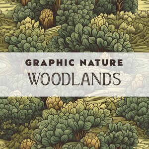 May include: A seamless pattern of stylized green and yellow woodland trees and plants. The text "GRAPHIC NATURE WOODLANDS" is centered in the middle of the image.