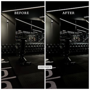 May include: Before and after photos of a gym with black walls, black floor, and black weights. The gym has a large mirror on the wall and a weight bench in the centre of the room. The lights are brighter in the after photo. The text "CESTIQUE" is printed on the floor.