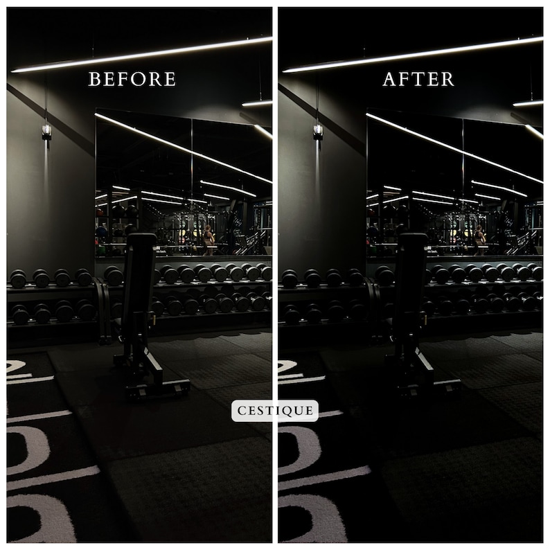 May include: Before and after photos of a gym with black walls, black floor, and black weights. The gym has a large mirror on the wall and a weight bench in the centre of the room. The lights are brighter in the after photo. The text "CESTIQUE" is printed on the floor.