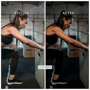 May include: Before and after photo of a person doing a box jump exercise. The person is wearing black leggings and a black sports bra. The person is jumping onto a wooden box. The text "CESTIQUE" is visible on the box.