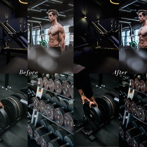 May include: A man in a gym setting, before and after a workout. The image shows a comparison of his physique, with the left side showing him before and the right side showing him after. The image also shows a rack of weights in the background.