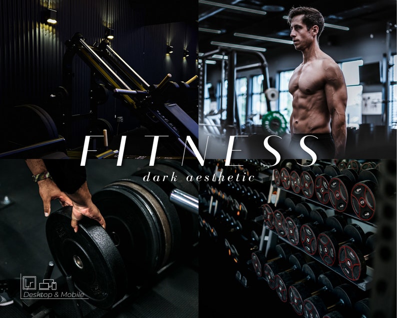 May include: A collage of images showcasing a dark aesthetic gym with a focus on fitness equipment. The images include a weight rack with dumbbells, a person lifting weights, and a weight machine.