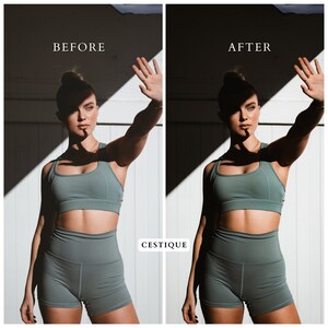 May include: A woman wearing a light green sports bra and matching shorts poses with her hand raised. The image is split in half, with the left side labelled "BEFORE" and the right side labelled "AFTER". The text "CESTIQUE" is in the bottom right corner.