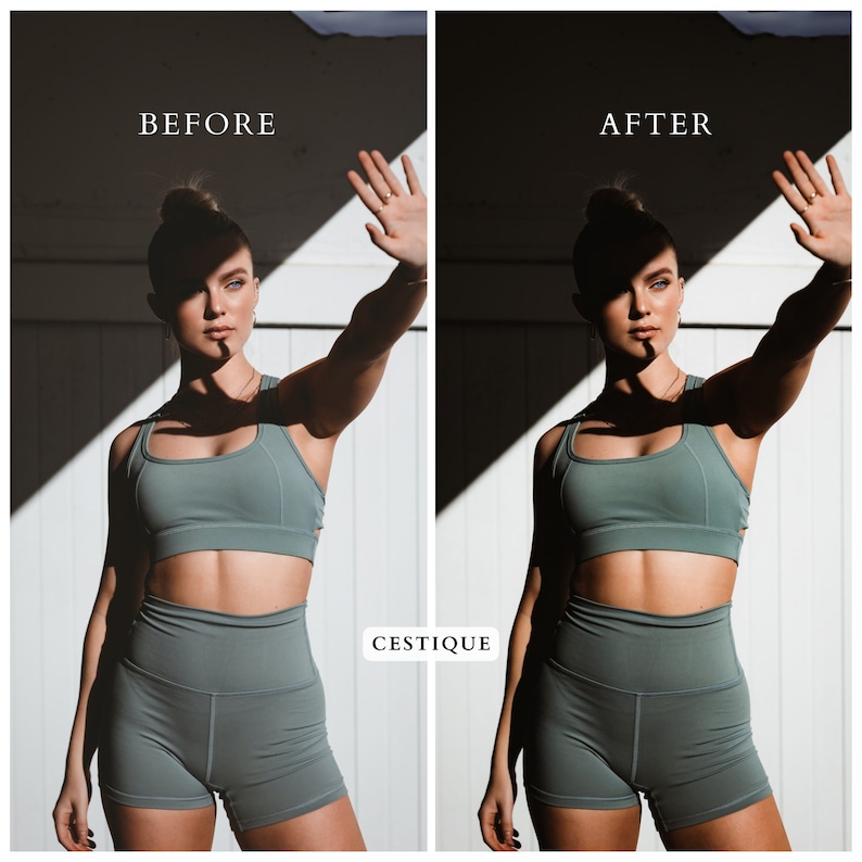 May include: A woman wearing a light green sports bra and matching shorts poses with her hand raised. The image is split in half, with the left side labelled "BEFORE" and the right side labelled "AFTER". The text "CESTIQUE" is in the bottom right corner.