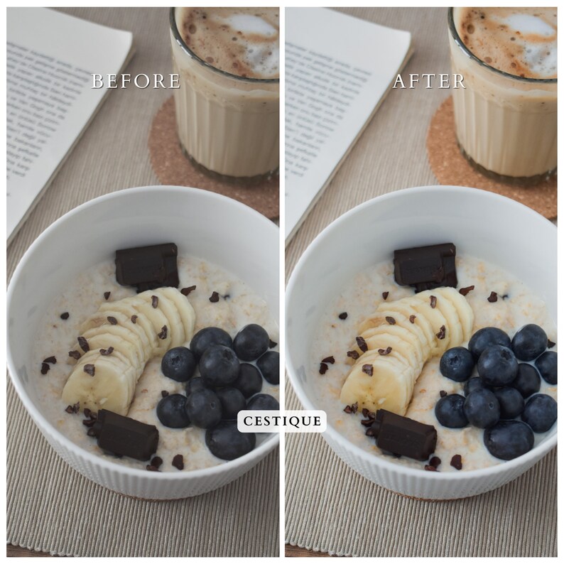 May include: A white bowl filled with oatmeal topped with sliced banana, blueberries, and chocolate pieces. The bowl is on a light brown woven placemat. The text "CESTIQUE" is visible in the lower right corner of the image.
