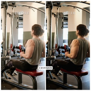 May include: Before and after photos of a person working out on a cable machine at the gym. The person is pulling a cable towards their chest. The text "CESTIQUE" is visible in the image.