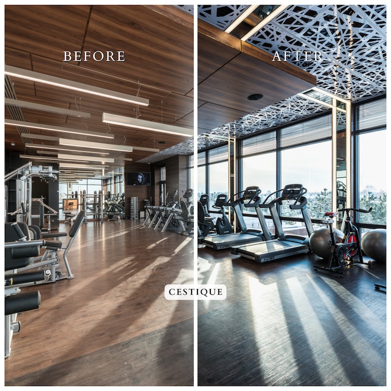 May include: Before and after photos of a gym with a modern design. The before photo shows a gym with a wooden ceiling and a variety of exercise equipment. The after photo shows the same gym with a new ceiling design featuring a geometric pattern. The gym has large windows with a view of the outdoors. The text "CESTIQUE" is visible in the bottom right corner of the image.