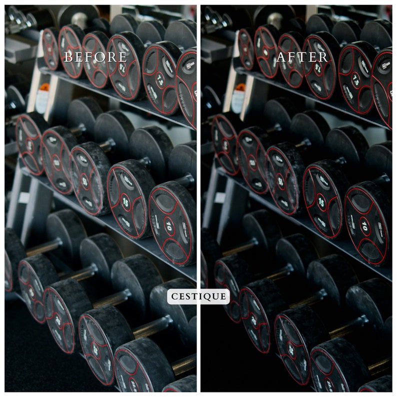 May include: Before and after image showing a set of black dumbbells with red accents. The dumbbells are arranged on a metal rack. The image shows the effectiveness of cleaning the dumbbells.