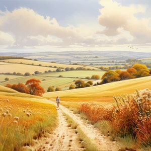 South Downs Autumn Landscape Digital Art Walking in Hills in Autumn Fall Scenery Painting