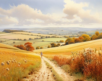 South Downs Autumn Landscape Digital Art Walking in Hills in Autumn Fall Scenery Painting