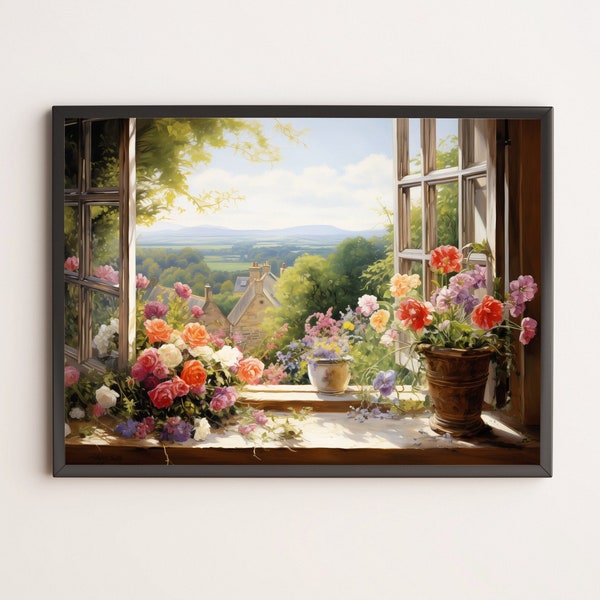Engelse Cottage Garden Window View - Digitaal schilderen Download - Platteland & bloemsierkunst - Windows Room Wall Art