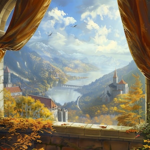 Könnte beinhalten: Ein Blick aus einem Fenster mit goldenen Vorhängen auf ein Tal mit einem See, Bergen und einer kleinen Stadt. Die Szene ist in einem realistischen Stil mit einem weichen, verträumten Gefühl gemalt.
