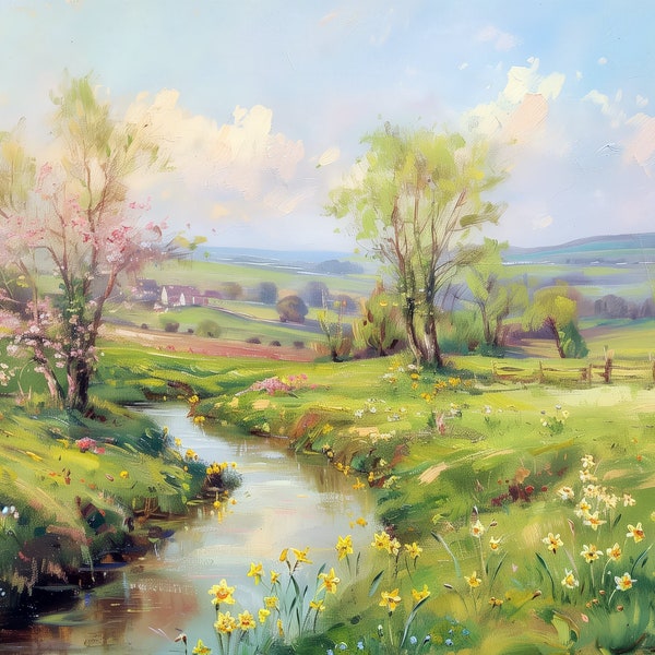 Early Spring Morning in England - Vintage Oil Painting Download, Rustic English Countryside Art, Printable Spring Landscape, Pastoral Decor